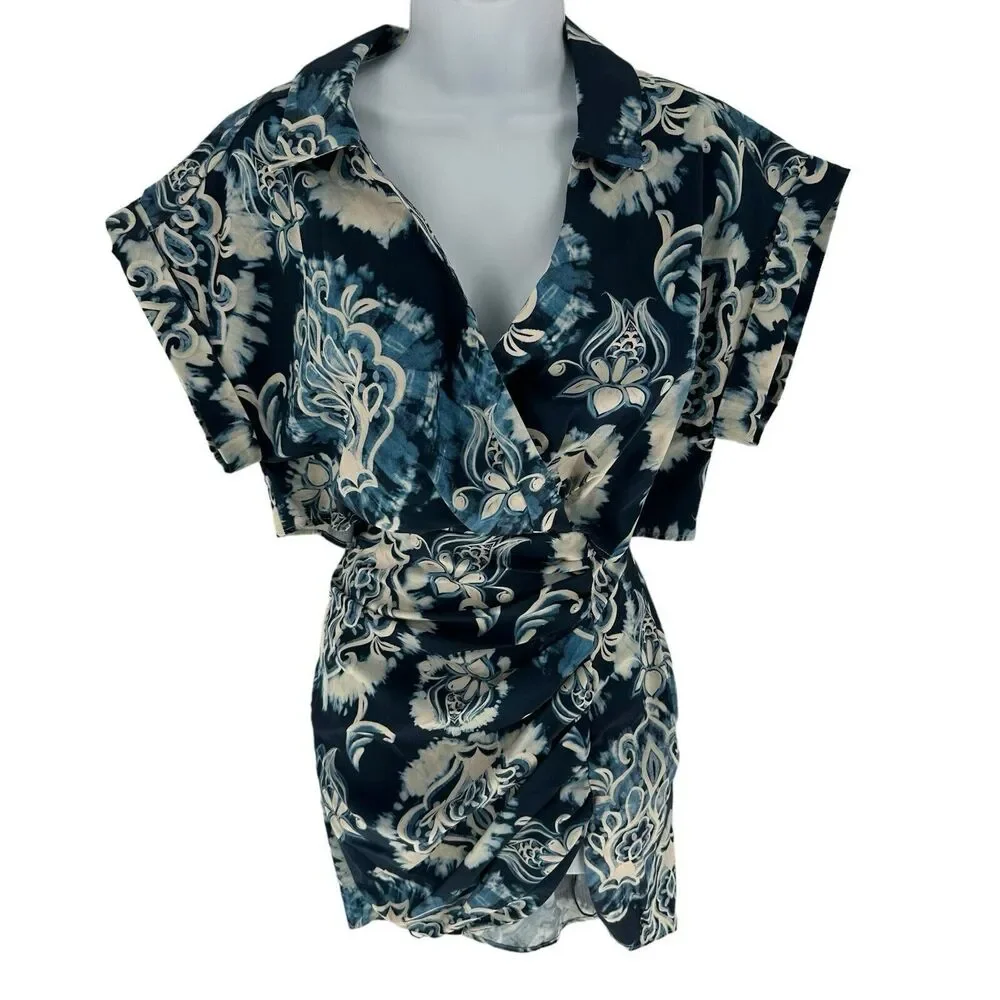 Zara Dress Women Small Blue Printed Mini Cut Out Back Resort Vacation Tribal NEW - Picture 5 of 16